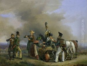 Marketenderin Mit Preussischen Kavalleristen Und Einem Garde-kurassier Zu Pferd, Im Hintergrund Ein Schlachtgetummel by Adolf Blankenburg