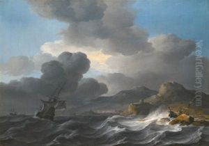 A Coastal Landscape With A Threemaster Lowering Sails As A Storm Approaches, A Ship Wrecked On The Lee Shore Nearby by Jan Theunisz Blankerhoff