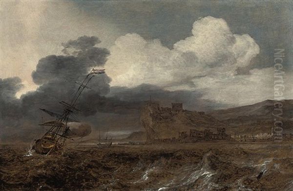 Dutch Men-o-war In Choppy Waters Off A Coast - view 1