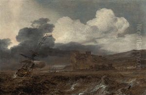 Dutch Men-o-war In Choppy Waters Off A Coast Dutch Men-o-war In Choppy Waters Off A Coast