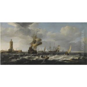 A River Estuary With Dutch Shipping In A Stiff Breeze, A Lighthouse To The Left by Jan Theunisz Blankerhoff