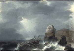 Shipping In Choppy Waters With A Rocky Coastal Landscape Beyond by Jan Theunisz Blankerhoff