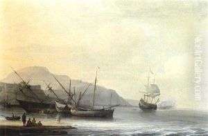 A Coastal Landscape With A Ship Careened For Caulking, Together With Other Sailing Boats And A Ship Firing A Salute