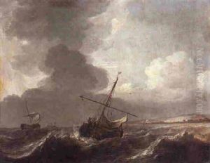 A Dutch Smalschip Letting Down Her Sails In Choppy Seas by Jan Theunisz Blankerhoff