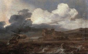 A Two Master Sailing In A Strong Breeze Off A Rocky Coast by Jan Theunisz Blankerhoff