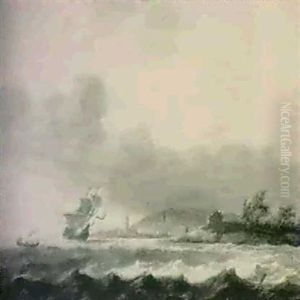 Kustlandskap Med Byggnader Samt Segelfartyg Pa Upprord Sjo - Ovadersstamning by Jan Theunisz Blankerhoff