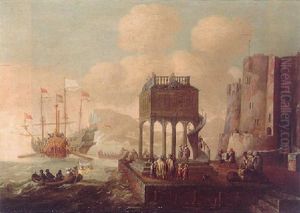 A Cappriccio Of A Mediterranean Harbour With Oriental Merchants Beneath A Covered Market Beside A Fortification by Antoon Blankert
