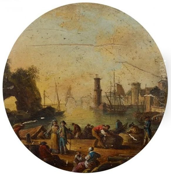 Marine, Idealtypische Ansicht Eines Hafens Mit Zahlreichen Figuren Im Vordergrund - view 1