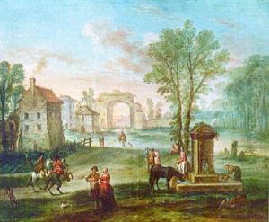 Promeneurs Et Cavaliers Pres D'une Fontaine