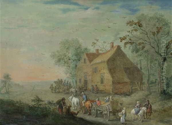 Travellers On A Country Path, With A Barn In The Distance - view 1