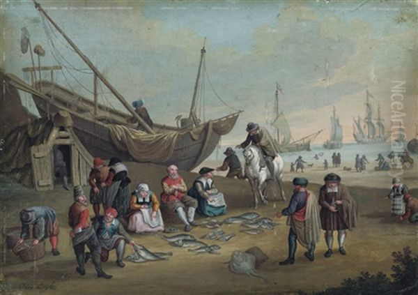 Des Pecheurs Vendant Leurs Produits Au Bord De La Mer, Des Bateaux Au Fond (+ Des Pecheurs Vendant Leurs Produits A Deux Couples Elegants; 2 Works) - view 1