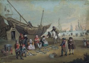 Des Pecheurs Vendant Leurs Produits Au Bord De La Mer, Des Bateaux Au Fond (+ Des Pecheurs Vendant Leurs Produits A Deux Couples Elegants; 2 Works) by Jacques Willem Van Blarenberghe