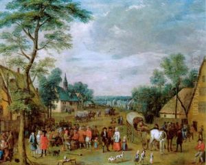 Fest In Einem Dorf Mit Vielen Figuren Und Einem Planwagen
