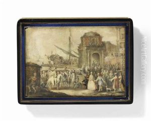 A Scene Depicting An Oriental Slave Market, With Figures In A Harbour With Ships And Canons, Onlookers On The Balcony Of A Building