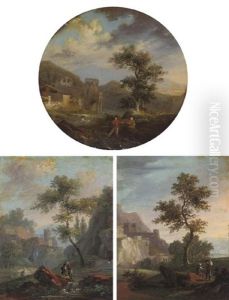 A Wooded River Landscape With Anglers In The Foreground (+ 2 Others; 3 Works)