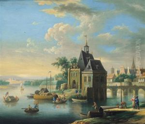 Stadt An Einem Fluss Mit Vielen Booten Und Figuren