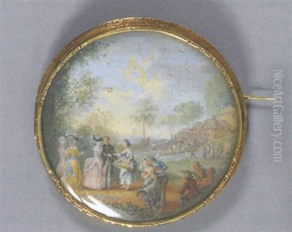 Assemblee De Personnages Dans Un Parc: Rencontres Amoureuses, Danses Populaires, Avec Fond De Riviere Et Hameau Boise - view 1