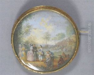 Assemblee De Personnages Dans Un Parc: Rencontres Amoureuses, Danses Populaires, Avec Fond De Riviere Et Hameau Boise by Louis Nicolas van Blarenberghe