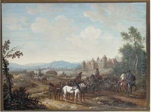 A Column Of Mounted Artillery With A Castle In The Background by Louis Nicolas van Blarenberghe