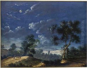 A Moonlit Landscape With A Figure Leading Two Cattle, A Lake In The Distance by Louis Nicolas van Blarenberghe