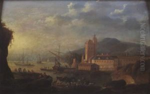 Vue D'un Port Francais Avec Le Dechargement D'un Navire Hollandais by Louis Nicolas van Blarenberghe