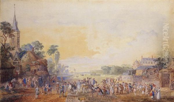 An Extensive Village Landscape With A Crowd On A Cobbled Road, A Castle To The Right And A Church To The Left - view 1