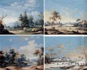 The Four Seasons: Wooded And River Landscapes With Figues by Louis Nicolas van Blarenberghe
