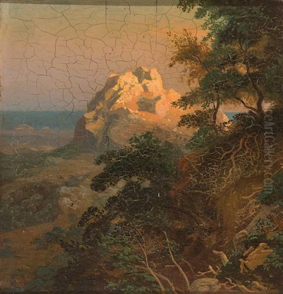 Malerisch Beleuchteter Kalkfelsen Vor Seenhintergrund - view 1