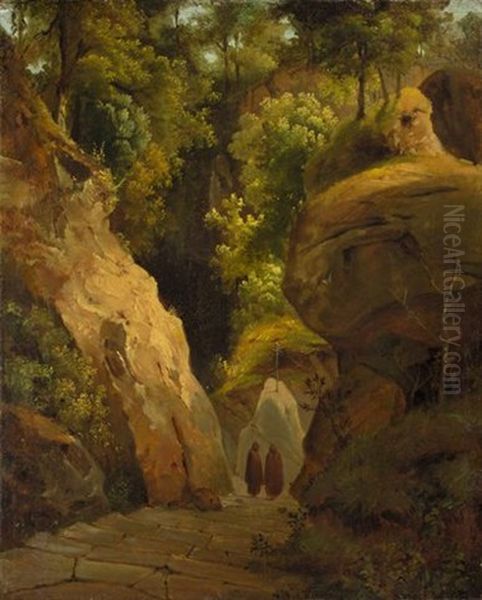 Monks On The Steps Through A Rocky Gorge (the Steps To The Grotta Di San Francesco Alla Verna) - view 1