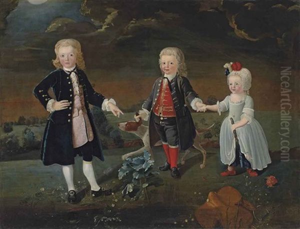 Group Portrait Of Daniel, William And Stephen Eaton, As Children, Full-length, With A Dog, In An Extensive Park Landscape - view 1