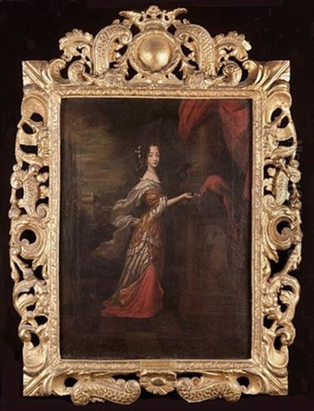 Portrait Of A Young Woman, Standing Full-length, Before A Column, Feeding A Parrot, A View To A Palace And Garden Beyond - view 1