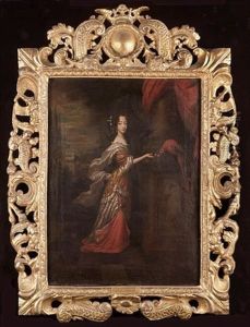 Portrait Of A Young Woman, Standing Full-length, Before A Column, Feeding A Parrot, A View To A Palace And Garden Beyond