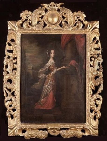 Portrait Of A Young Woman Before A Column, Feeding A Parrot, A View To A Palace And Garden Beyond - view 1