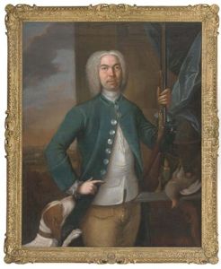 Portrait Of A Gentleman, Holding A Gun In His Left Hand, A Dog To His Side, With A Partridge And Casket Of Gun-powder On A Ledge, An Extensive Landscape Beyond