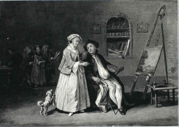 An Artist Seated Before An Easel In His Studio, His Wife    Looking On - view 1