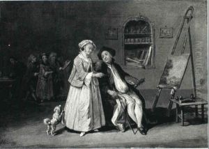 An Artist Seated Before An Easel In His Studio, His Wife Looking On by J. G. Bleidorn