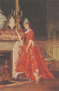 An Elegant Lady And Her Dog By A Fireplace An Elegant Lady And Her Dog By A Fireplace