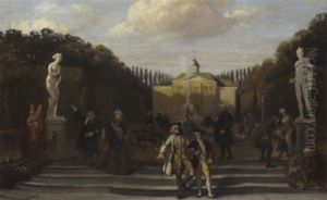Elegant Company Promenading In A Garden Of A Palatial Mansion