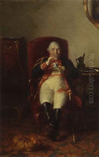 Twee Oranjeklanten: An Officer Drinking Hot Chocolate In An Interior - view 1