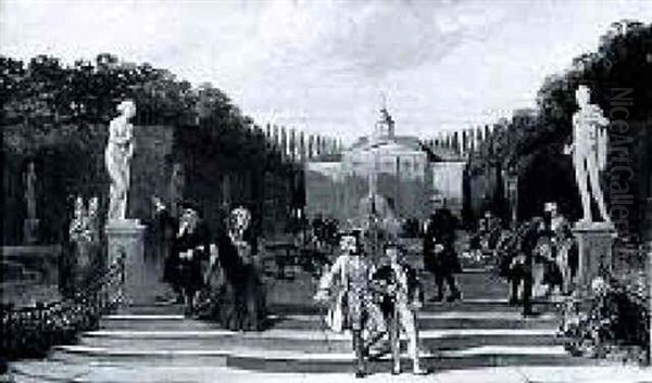 Elegant Company Promenading In The Garden Of A Palatial Mansion - view 1