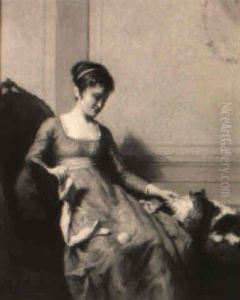 An Interior Scene With A Girl Seated On A Sofa With Pets Beside Her by David Bles