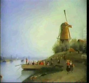 Niederlandische Flusslandschaft Mit Einer Fahre Vorn Am Ufernahe Der Windmuhle by David Bles