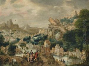 A Mountainous River Landscape With Christ On The Road To Emmaus by Herri met de Bles
