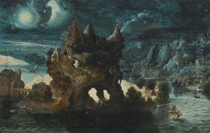 A Fantastical Moonlit Landscape With St. Christopher Carrying The Christ Child Across A River