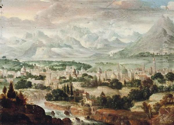 A River Landscape With A Town, Mountains Beyond - view 1