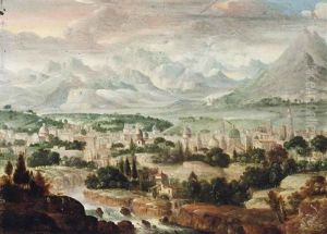 A River Landscape With A Town, Mountains Beyond by Herri met de Bles