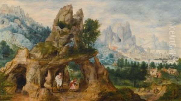 An Extensive Rocky Landscape With The Flight Into Egypt - view 1