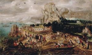 A River Landscape With Fishermen Unloading Their Catch With The Return From The Flight Into Egypt by Herri met de Bles