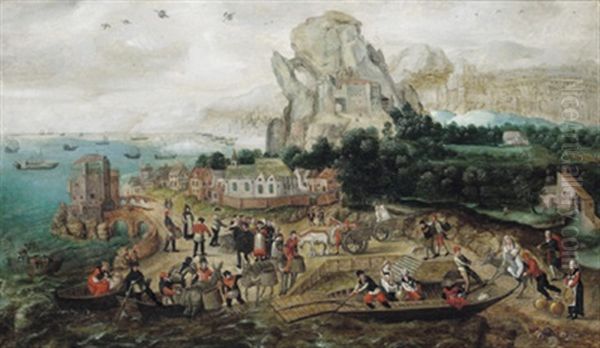 Gebirgige Kustenlandschaft Mit Einem Kastell Uber Einem Dorf Und Vielen Figuren (collab. With Jan Van Wechelen) - view 1