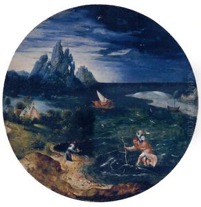 An Extensive River Landscape With Saint Christopher Carrying The Christ Child